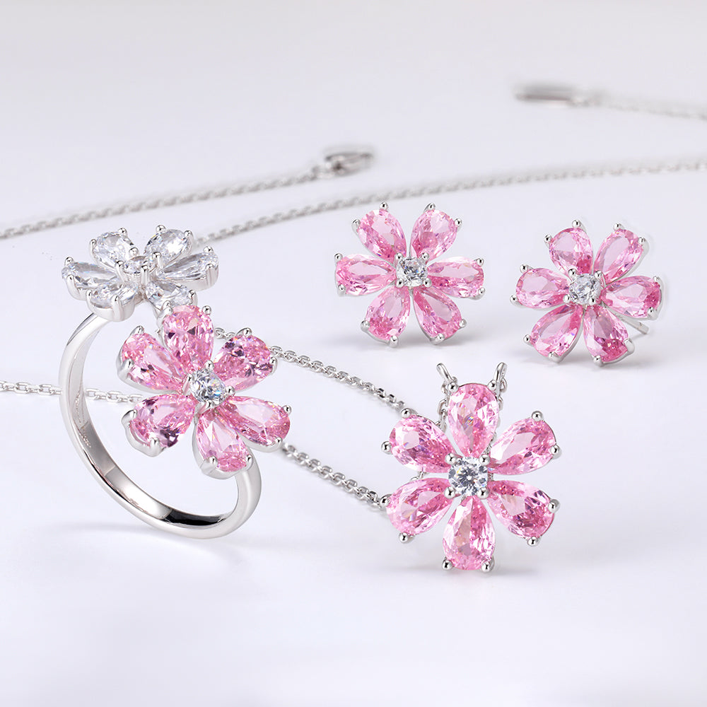 Yumato Romantic flower pink peach blossom necklace stud open ring set
