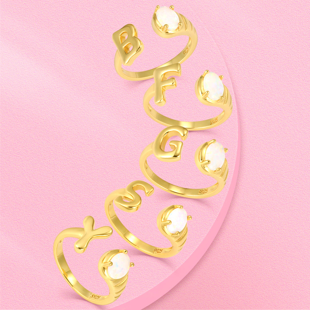 Yumato Gold color adjustable opening set natural Opal 26 English letter ring