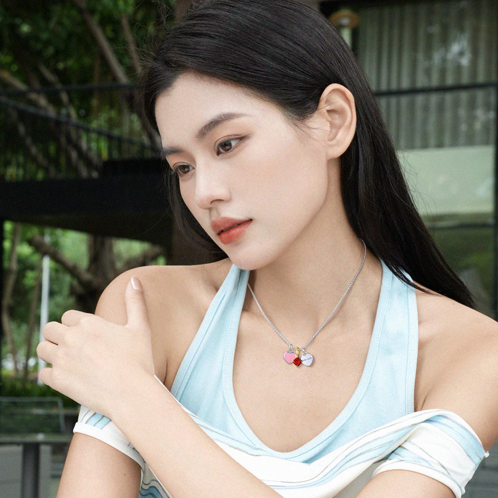 Elegant and fashionable, freely matched birthday stone pendant s925 sterling silver christmas gift double heart necklace