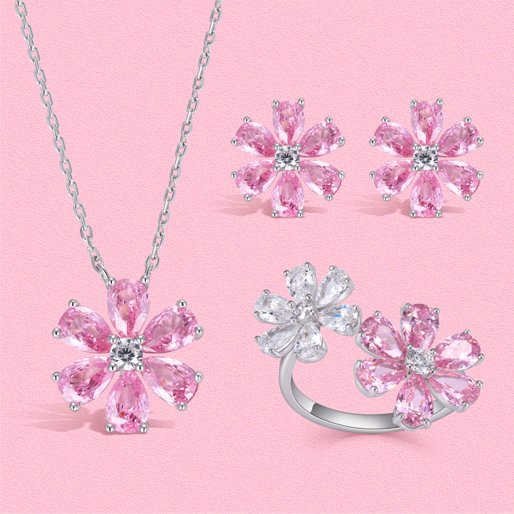 Yumato Romantic flower pink peach blossom necklace stud open ring set