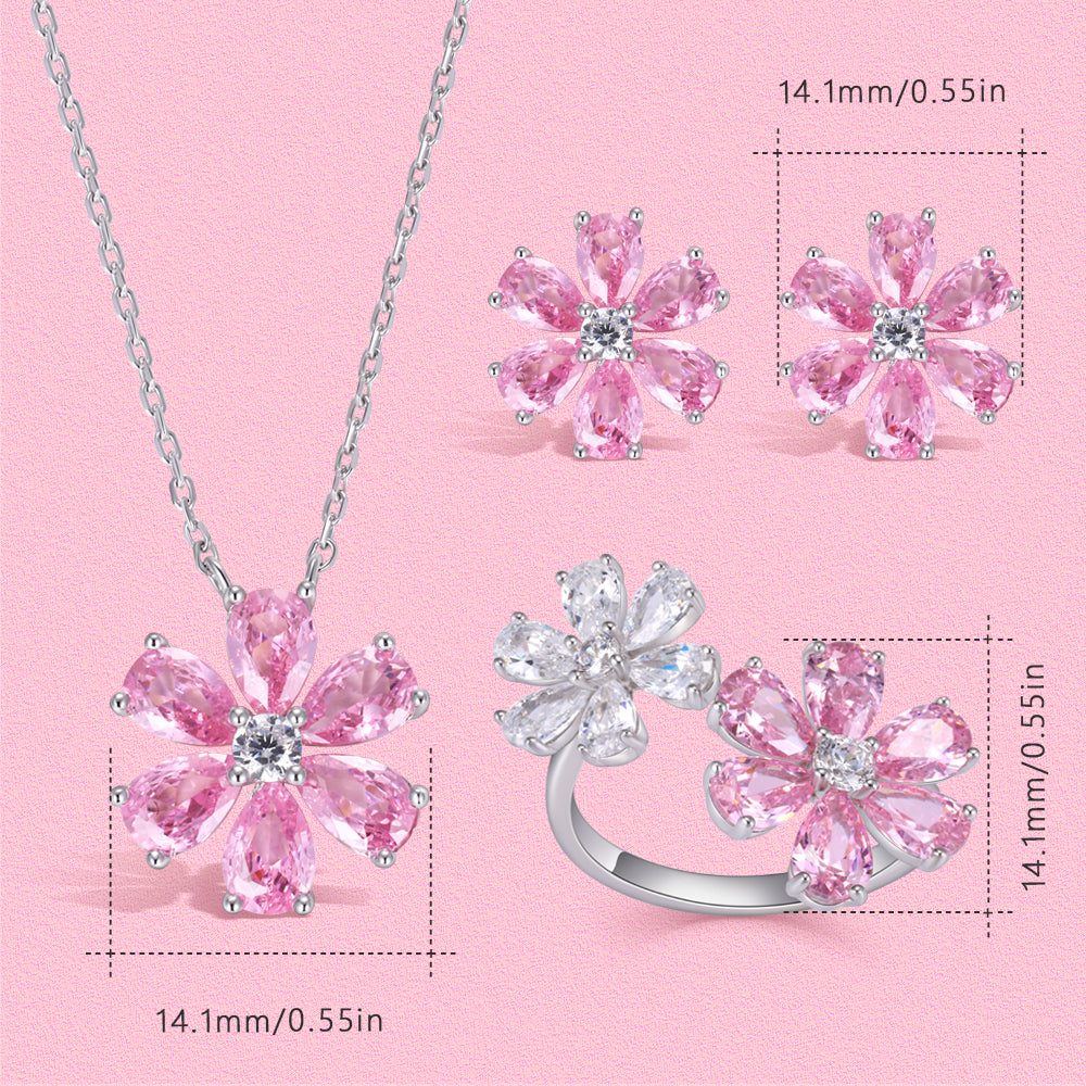 Yumato Romantic flower pink peach blossom necklace stud open ring set
