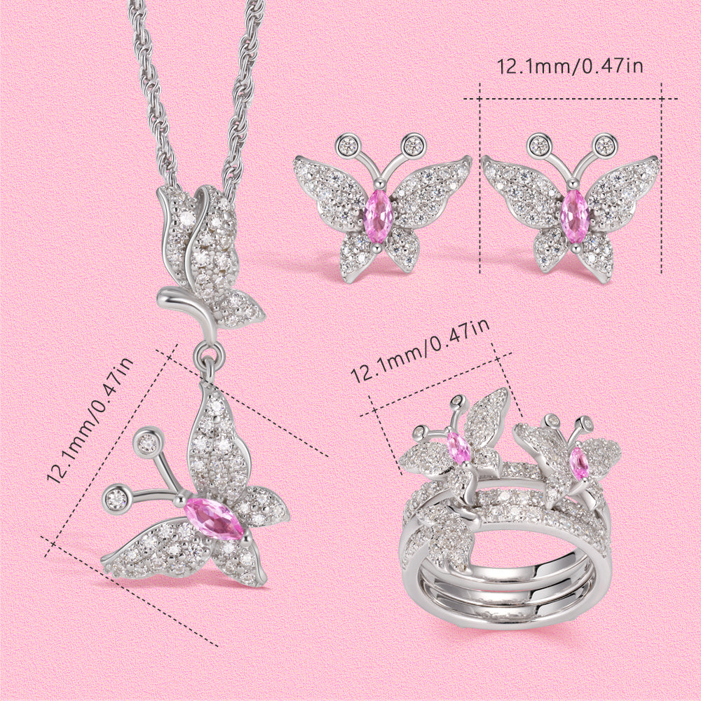 Yumato Moissanite diamond "Dream Seeker Butterfly Multi-layered Ring, Stud and Necklace Set.