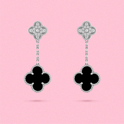 Yumato S925 sterling silver lab-grown diamond and onyx lucky earrings