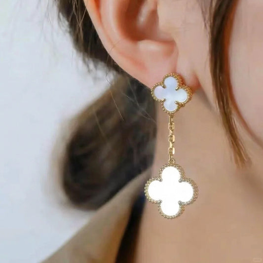 Yumato S925 sterling silver white shell with double flowers lucky earrings