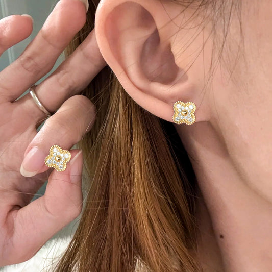 Yumato S925 sterling silver yellow gold full of diamonds lucky earrings