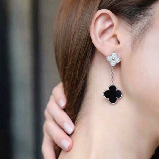 Yumato S925 sterling silver lab-grown diamond and onyx lucky earrings