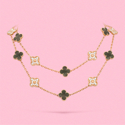 Yumato S925 sterling silver onyx and lab-grown diamond 20 flowers lucky necklace