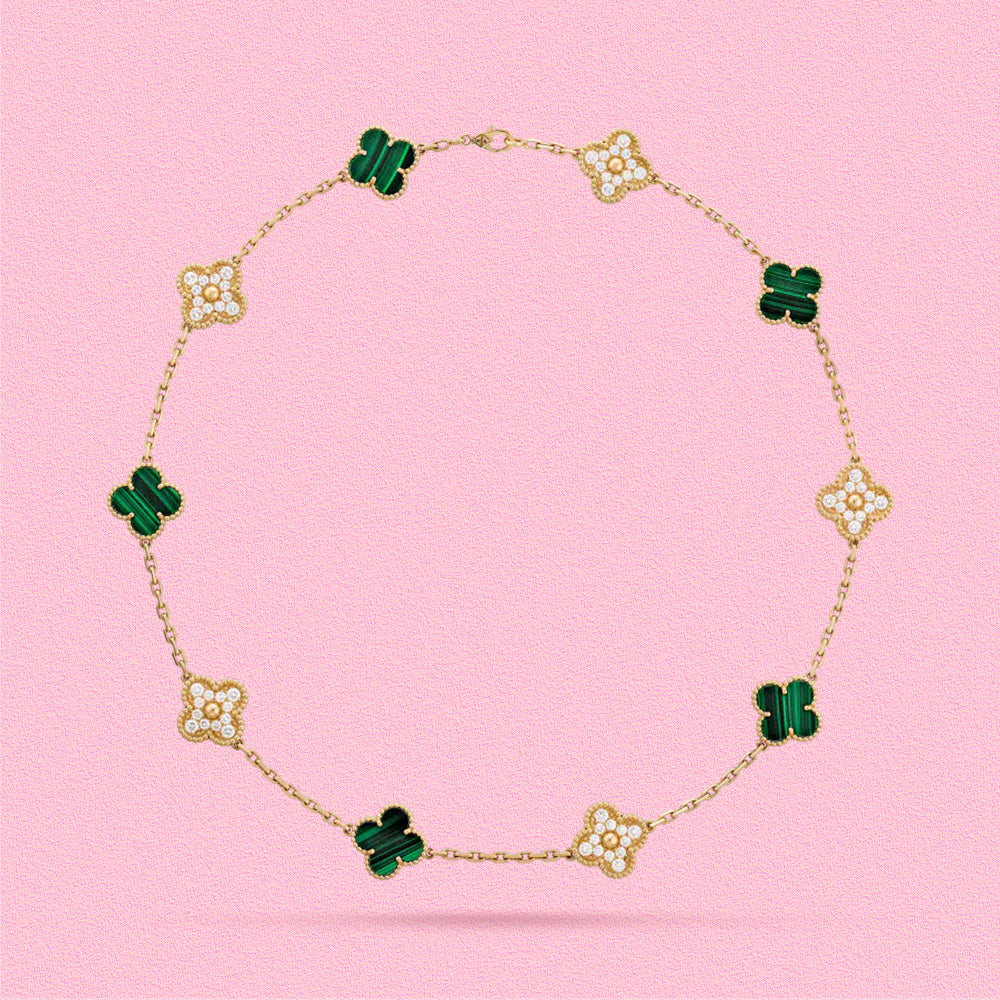 Yumato S925 sterling silver malachite and lab-grown diamond 10 flowers lucky necklace