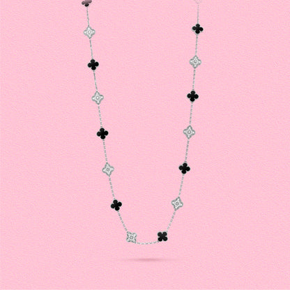 Yumato S925 sterling silver lab-grown diamond and onyx  20 flowers lucky necklace