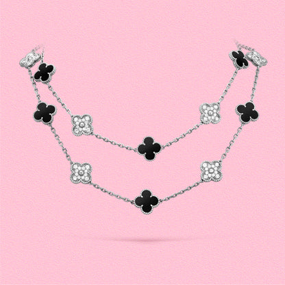 Yumato S925 sterling silver lab-grown diamond and onyx  20 flowers lucky necklace