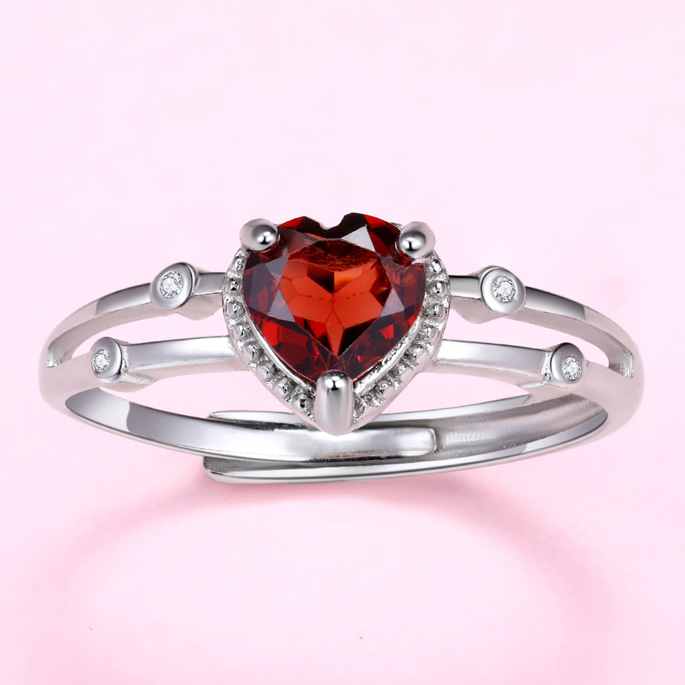 Natural Gemstone Garnet Heart Open Adjustable Ring in 925 silver C282