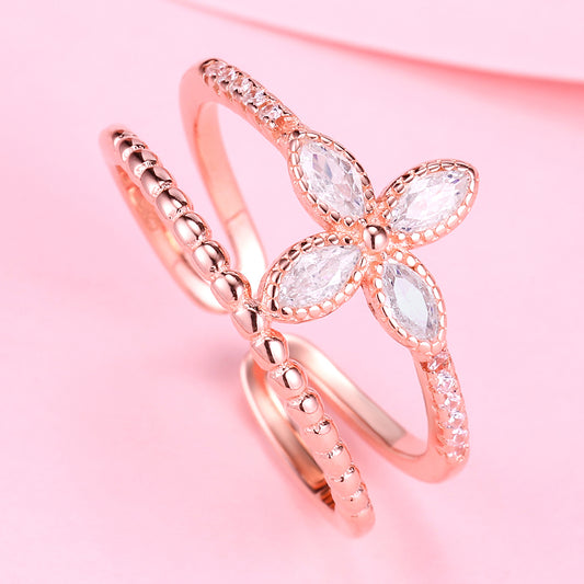 Yumato S925 Sterling Silver Adjustable Double-layered Rings Flower style Fashion accessories as Gift for yourself, love, friends B78