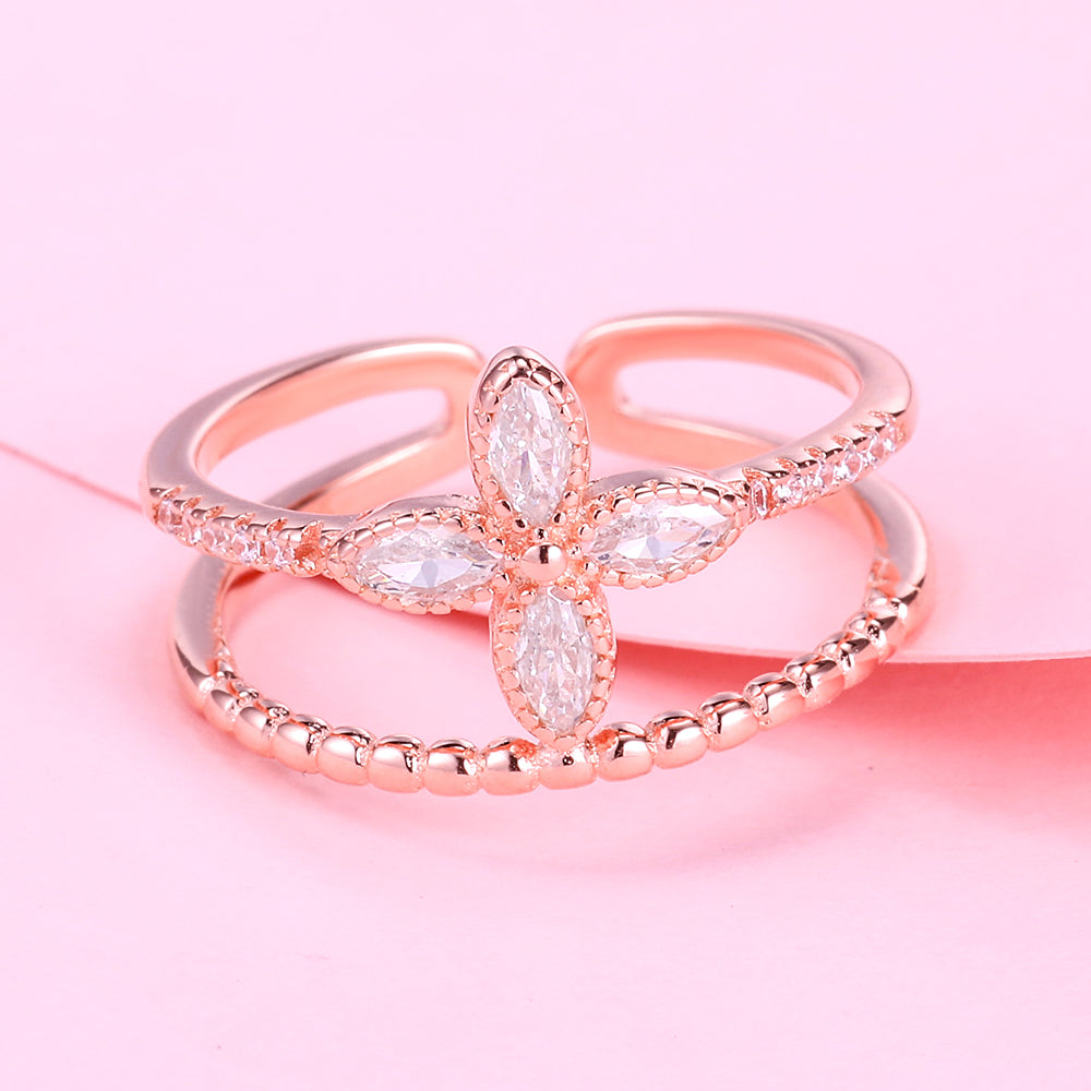 Yumato S925 Sterling Silver Adjustable Double-layered Rings Flower style Fashion accessories as Gift for yourself, love, friends B78