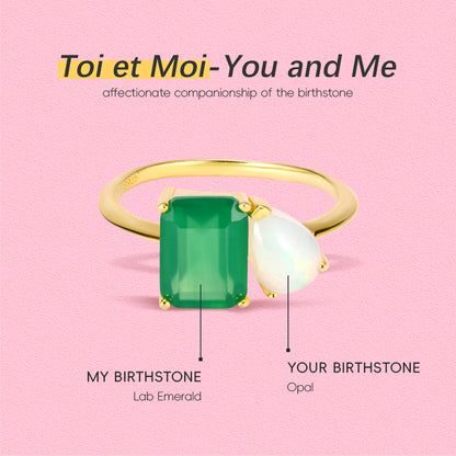 Birthstone double ring Parent-child gift Mother's Day gift Aquamarine emerald Moonstone...