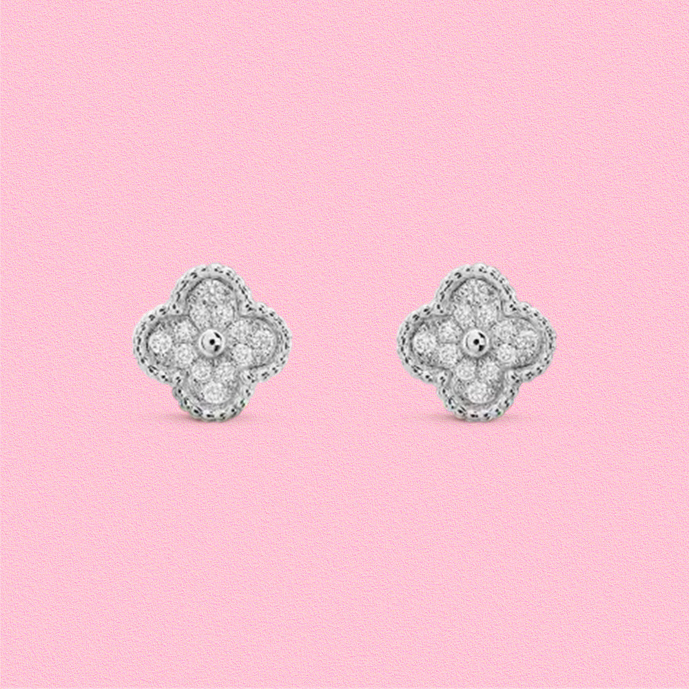 Yumato S925 sterling silver white gold full of diamonds lucky earrings
