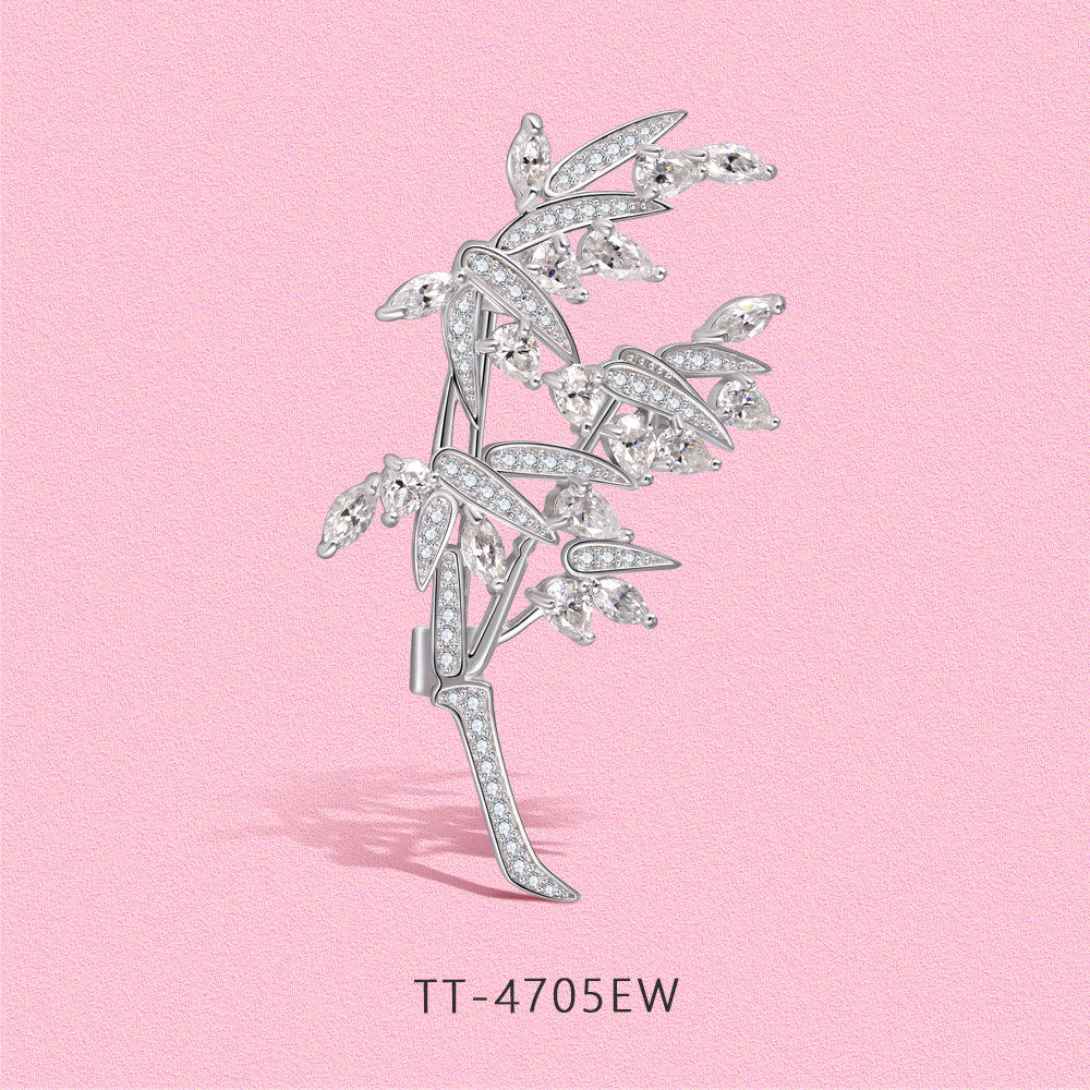 Natural bamboo branch design inlaid Doissanite Diamond S925 sterling silver brooch