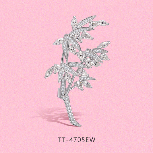 Natural bamboo branch design inlaid Doissanite Diamond S925 sterling silver brooch