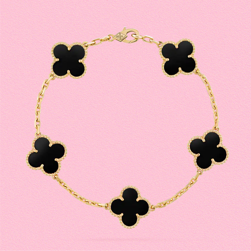 Yumato S925 sterling silver onyx 5 flowers lucky bracelet