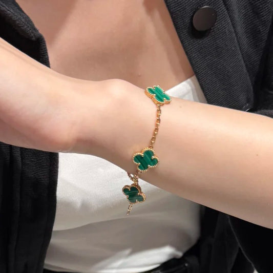 Yumato S925 sterling silver malachite 5 flowers lucky bracelet