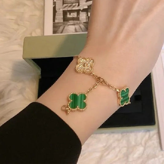 Yumato S925 sterling silver malachite diamonds 5 flowers lucky bracelet
