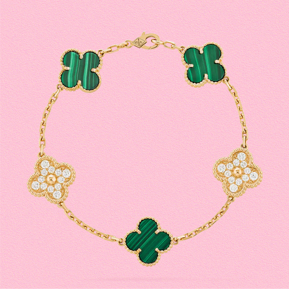 Yumato S925 sterling silver malachite diamonds 5 flowers lucky bracelet