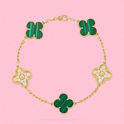 Yumato S925 sterling silver malachite diamonds 5 flowers lucky bracelet