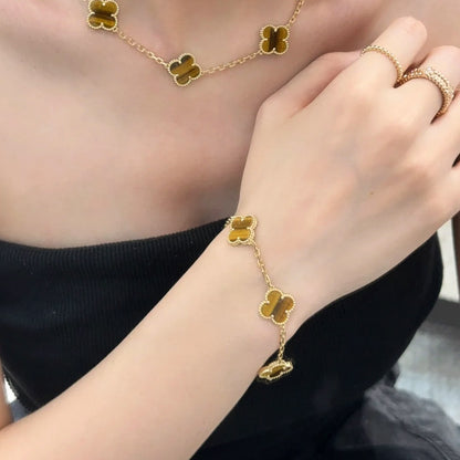 Yumato S925 sterling silver tiger's eye stone 5 flowers lucky bracelet