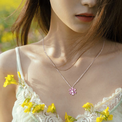 Yumato Romantic flower pink peach blossom necklace stud open ring set