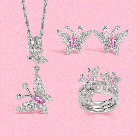Yumato Moissanite diamond "Dream Seeker Butterfly Multi-layered Ring, Stud and Necklace Set.