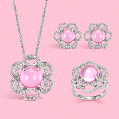Yumato Luxurious Moissanite and natural hibiscus flower-shaped stud ring necklace set