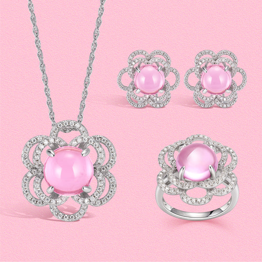 Yumato Luxurious Moissanite and natural hibiscus flower-shaped stud ring necklace set