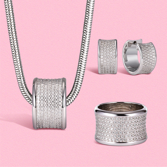 Yumato Luxurious full-diamond earrings, necklace and ring set