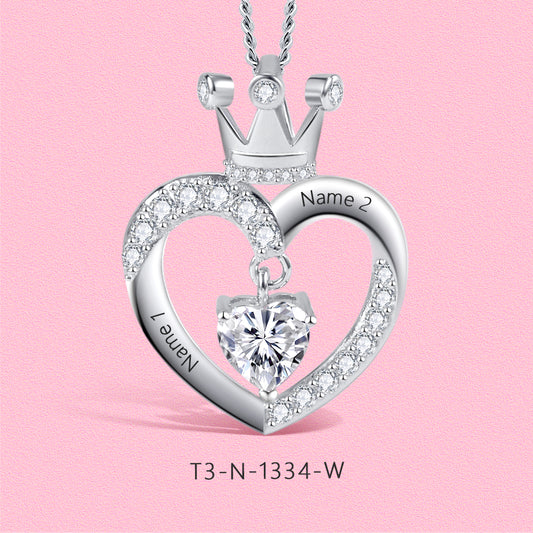 Yumato S925 Sterling Silver Crown Love Pendant Engraved Name Birthstone, Moissanite Customized gift Jewelry Gifts for Mom and Friends 1334