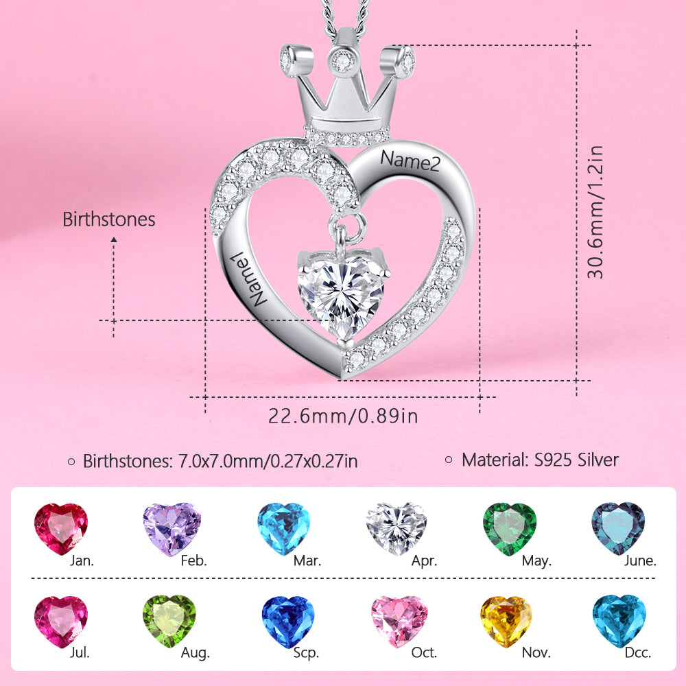 Yumato S925 Sterling Silver Crown Love Pendant Engraved Name Birthstone, Moissanite Customized gift Jewelry Gifts for Mom and Friends 1334