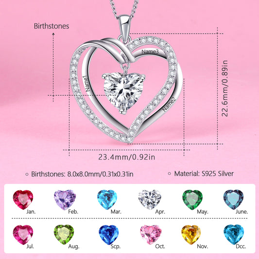 Yumato S925 Sterling Silver Letter and Double Heart Pendant Engraved Name Birthstone, Elegent Moissanite Customized Gifts for Mom, Friends, Female 1347