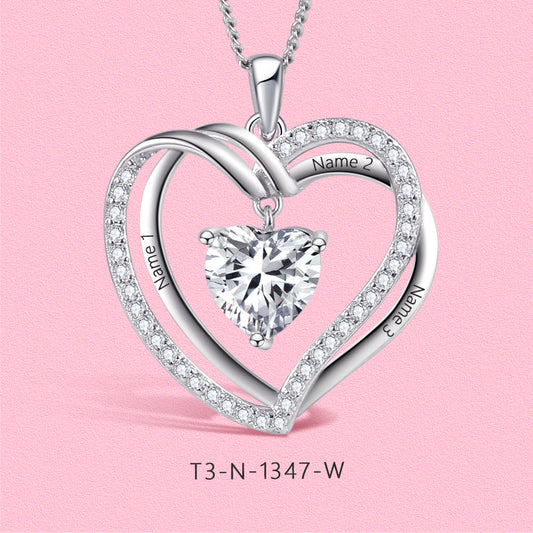 Yumato S925 Sterling Silver Letter and Double Heart Pendant Engraved Name Birthstone, Elegent Moissanite Customized Gifts for Mom, Friends, Female 1347