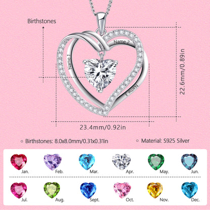 Yumato S925 Sterling Silver Letter and Double Heart Pendant Engraved Name Birthstone, Elegent Moissanite Customized Gifts for Mom, Friends, Female 1347