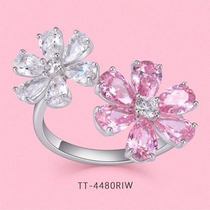 Yumato Romantic flower pink peach blossom necklace stud open ring set