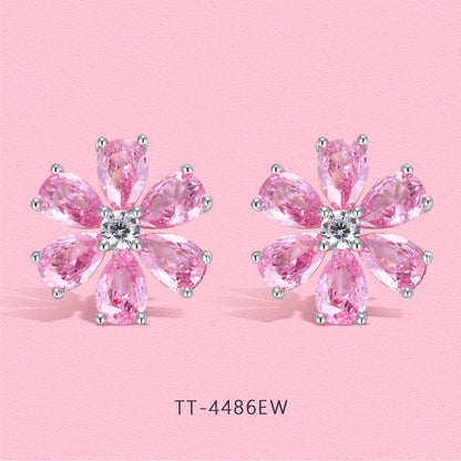 Yumato Romantic flower pink peach blossom necklace stud open ring set