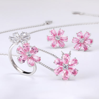 Yumato Romantic flower pink peach blossom necklace stud open ring set