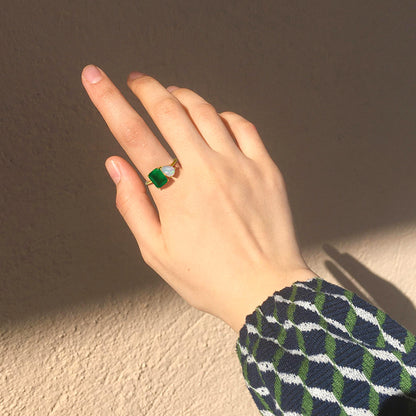 Birthstone double ring Parent-child gift Mother's Day gift Aquamarine emerald Moonstone...