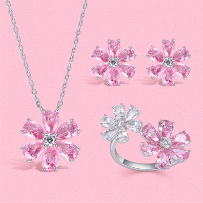 Yumato Romantic flower pink peach blossom necklace stud open ring set