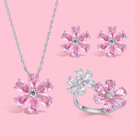 Yumato Romantic flower pink peach blossom necklace stud open ring set