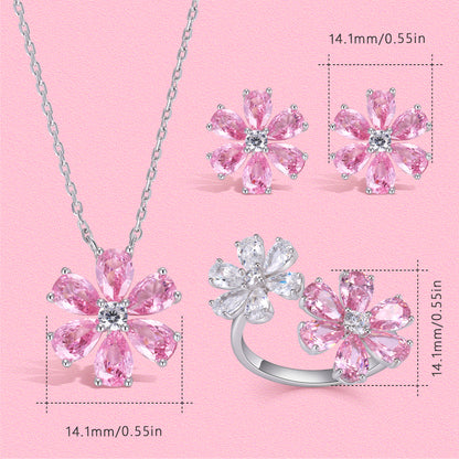 Yumato Romantic flower pink peach blossom necklace stud open ring set